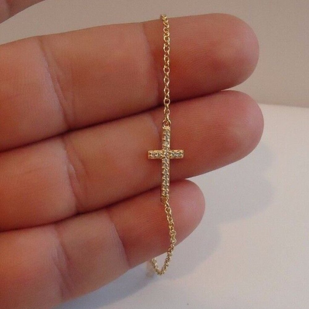SIDEWAYS CROSS BRACELET W/ .35 CT LAB ACCENTS / 925 STERLING SILVER/ 8''